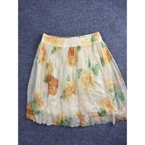 JON Skirt Womens 12 Yellow Rose Floral Silk Chiffon Pleated Lined Knee Length